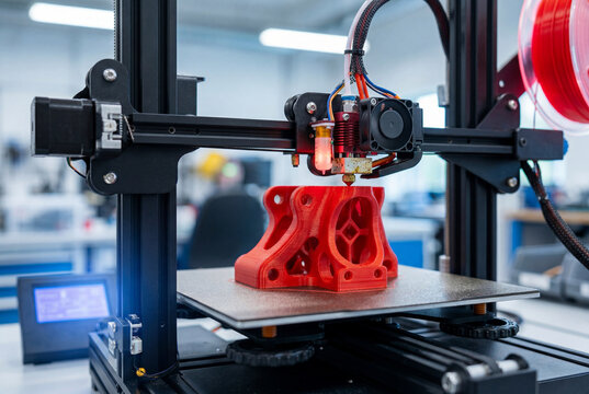 Close up of a three dimensional printer building a vibrant red prototype object