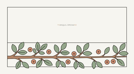 Minimalist cherry branch with ripe fruits and green leaves, a horizontal border. Tranquil orchard illustration in flat line art, earthy muted colors, simple vector.