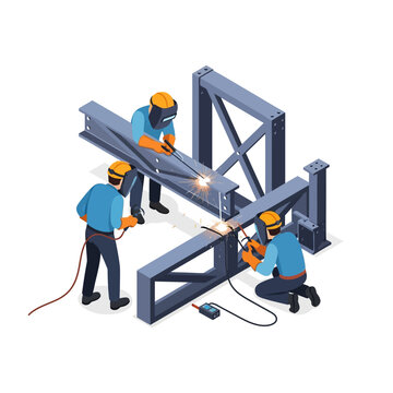 Isometric Illustration of Professional Welders Working on Steel Beams in an Industrial Construction Site