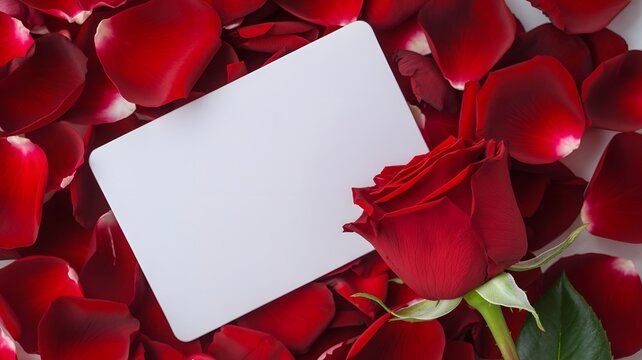 Beautiful Red Rose and Blank White Greeting Card on a Bed of Rich Red Rose Petals, Perfect for Valentine Day, Romantic Occasions, Wedding Invitations, Love Messages, and Special Anniversary