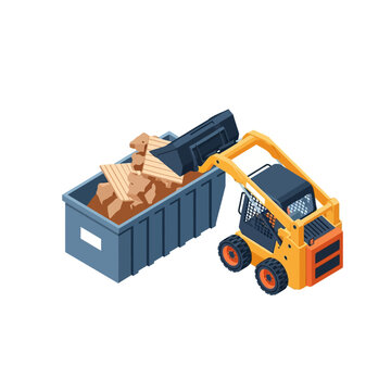 Isometric Skid Steer Loader Dumping Construction Rubble and Debris into a Industrial Skip Bin Dumpster, Heavy Machinery Vector for Waste Management and Demolition