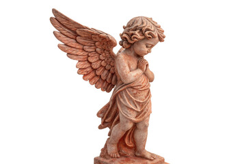 Fototapeta premium Terracotta rust pink cherub angel child praying hands clasped wings spread upward flowing robes downward gaze classical garden pedestal sculpture art