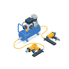 Naklejka premium Isometric Air Compressor and Pneumatic Nail Guns Vector Illustration - Industrial Power Tools for Construction and Woodworking