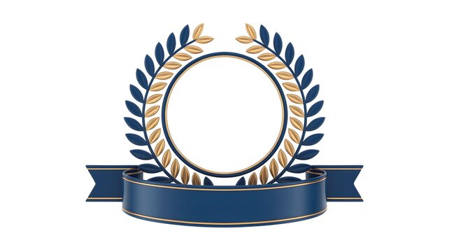 3D Rendered Golden and Navy Blue Laurel Wreath Emblem with Empty Ribbon Banner for Award or Achievement Logo Design Template Isolated on White Background for Professional Corporate Identity Branding