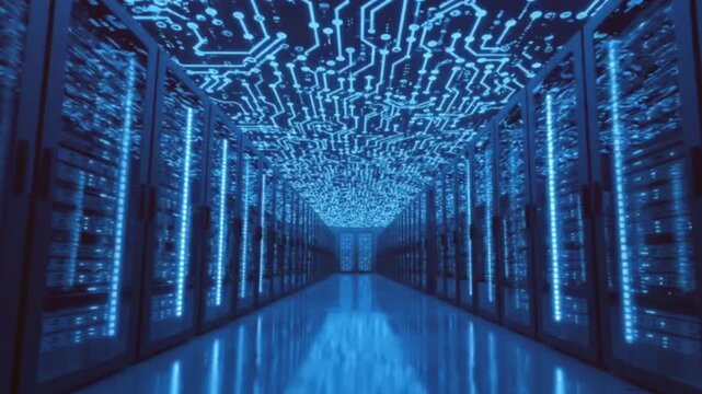 Futuristic server room interior corridor illuminated with digital glowing blue circuit board patterns representing massive data storage infrastructure systems.