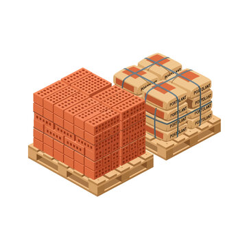 3D Isometric View of Construction Materials: Red Bricks and Cement Bags on Wooden Pallets Isolated on White