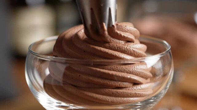 Chocolate Mousse Being Piped Into Glass