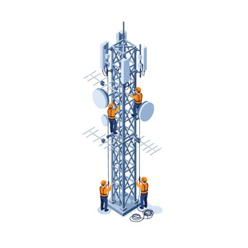 Isometric 5G Telecommunications Tower Illustration with Technicians Maintaining Cellular Antenna and Satellite Dish Network Infrastructure on White Background