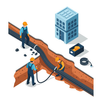 Isometric Construction Site Illustration of Workers Laying Underground Fiber Optic Cables and Utility Pipes Near Urban Building Infrastructure