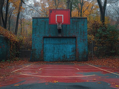 Autumn basketball court with red backboard and blue brick wall. It can be used for backgrounds about fall sports.