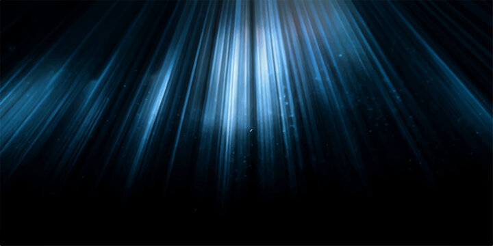 Abstract blue light beams emanating from above, creating an ethereal and mystical atmosphere with sparkling particles scattered throughout.