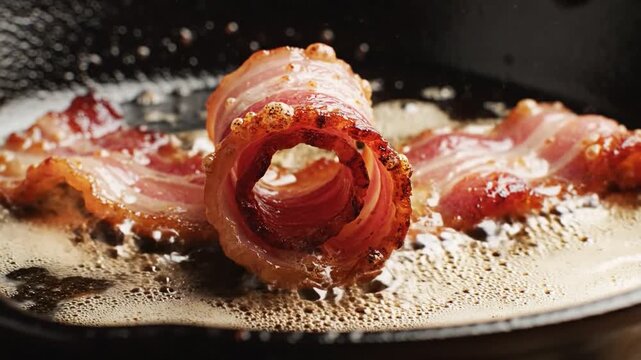Crispy Bacon Sizzling in Hot Skillet