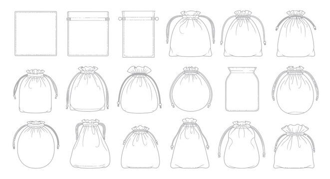 Set of various drawstring pouch and bag designs and templates