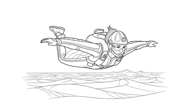 Woman in freefall over desert dunes