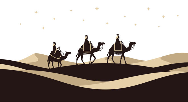 Three wise men riding camels through the desert under a starry night sky