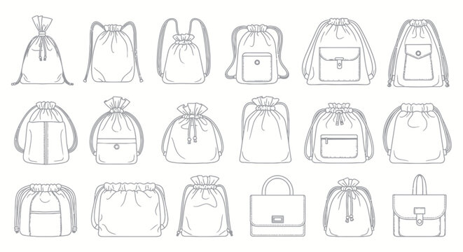 Set of drawstring bag and backpack line art illustrations