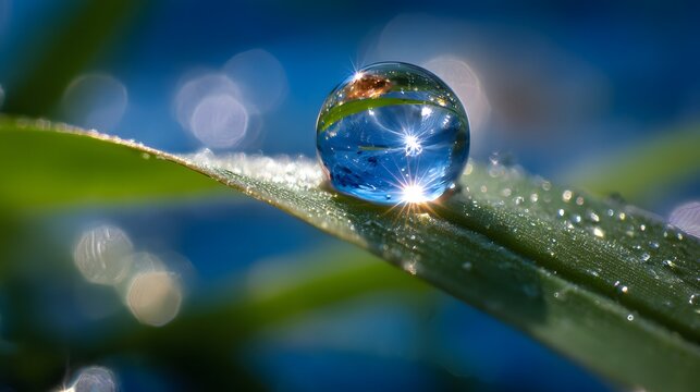 Macro close up illustration of a clear water drop resting on a vibrant green leaf