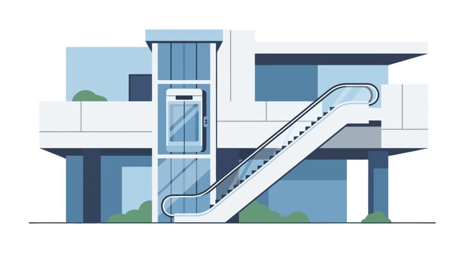 Modern Minimalist Building Exterior with Glass Lift and Outdoor Escalator Flat Vector Illustration