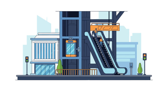 Modern Urban Transportation Hub Illustration with Elevator and Escalator in Flat Design Style