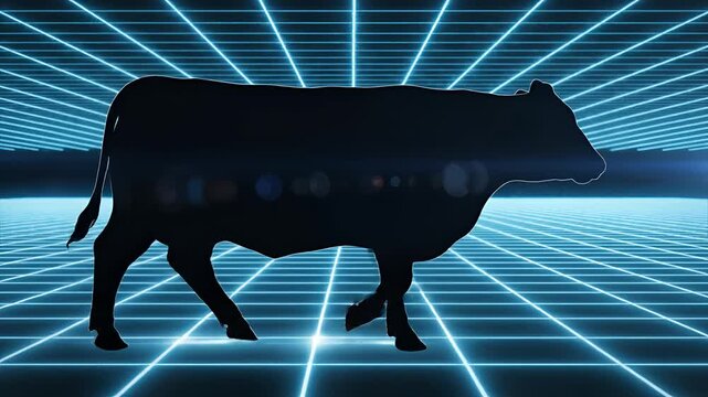 Silhouette of a Cow Walking Through a Futuristic Digital Grid.