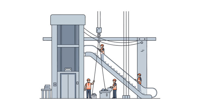 Industrial construction team installing elevator and escalator systems, flat vector illustration for infrastructure maintenance and building development