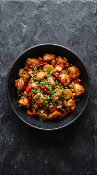 Delicious spicy asian chicken stir fry cooked with peanuts and red chili peppers served in a black rustic bowl
