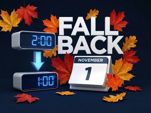 USA Winter Time Change 2026 Poster with Fall Back Text, Digital Clocks Showing 2:00 and 1:00, Calendar November 1 and Fall Leaves.