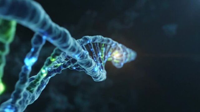Close up of a glowing DNA double helix structure