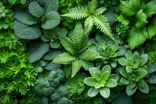 Overhead shot of varied green plants and textures create a lush surface. Ideal for nature backgrounds, textures, or botanical themed designs.