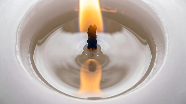Macro extreme close-up of a burning candle wick with glowing flame and melted wax. Top view detail of liquid paraffin reflection, concept for aromatherapy, meditation, and peace