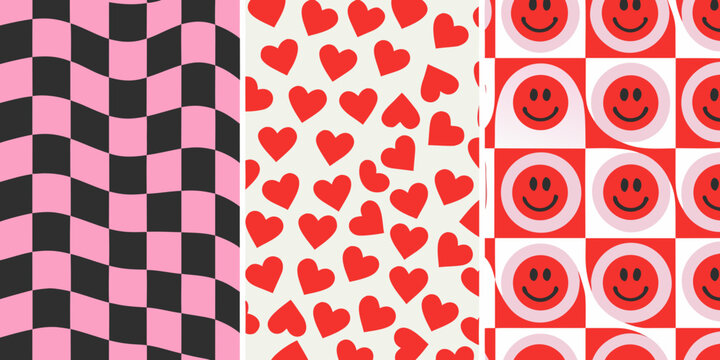 Repeating patterns of hearts smiley faces and checkerboards vector illustration