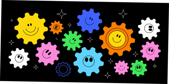 colorful gears with smiling faces vector illustration on black background