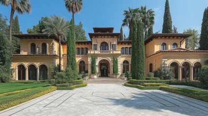 Fototapeta premium Beige mansion with landscaped garden, tall trees, & beautiful driveway. Ideal for illustrating luxury homes, real estate, or architecture.