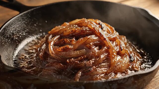 Caramelized Onions Sizzling in Cast Iron Skillet
