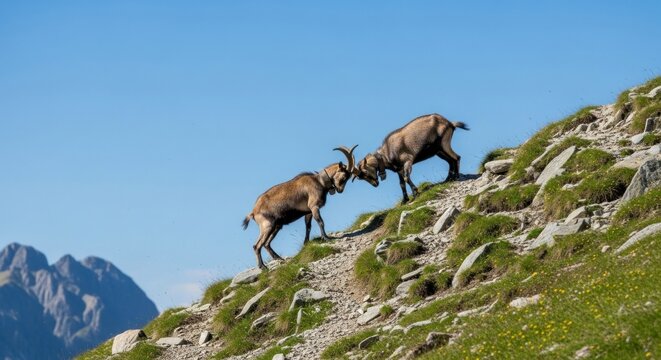 Two mountain goats clash horns on a rocky alpine slope under a clear blue sky.