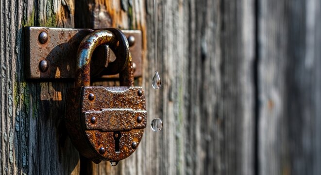 Close-up of a rusty padlock with falling water drops on an old wooden surface.