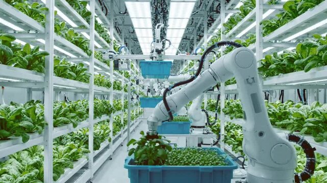 Automated indoor farming system using robotic arms to efficiently manage vegetable crops inside modern controlled environment vertical agricultural facility.