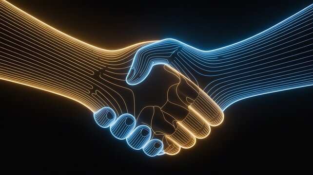 Abstract digital handshake rendered with glowing orange and blue particles symbolizing technological connection partnership global collaboration dark background sci fi artificial intelligence
