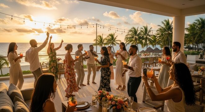 Friends celebrate at a tropical resort party during sunset.