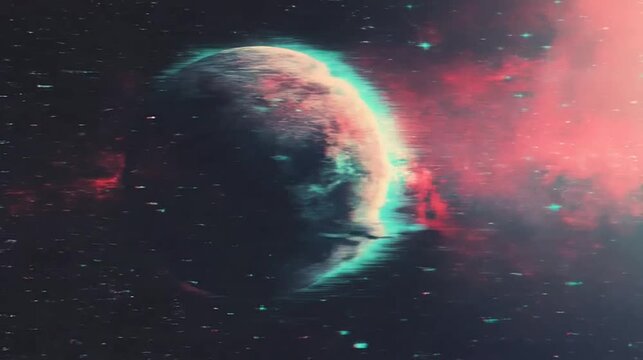 Cyberpunk space planet with nebula and cyan digital distortion lines