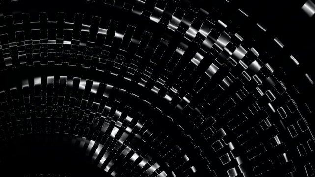 Abstract black digital circular tunnel animation with geometric blocks. Futuristic technology motion background with rotating pattern