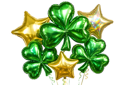 Festive Saint Patrick's Day Celebration Balloons Featuring Vibrant Green Shamrocks and Gleaming Gold Stars Perfect for Irish Holiday Decorations and Joyful Spring Gatherings. St. Patrick's Day Shamroc