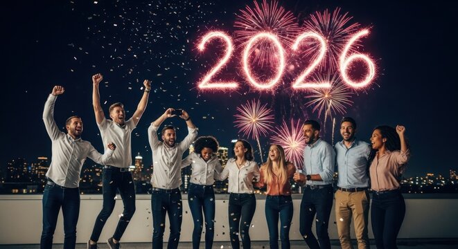 Friends celebrating the New Year with fireworks and confetti.