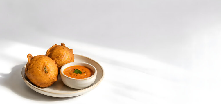 Traditional South Indian Aloo Bonda Served with Spicy Tomato Chutney on Minimalist White Plate