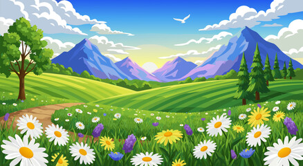 Vibrant spring meadow landscape vector illustration with rolling green hills, distant mountains, and a path winding through blooming wildflowers and trees, perfect for nature and travel themes © Purnomo