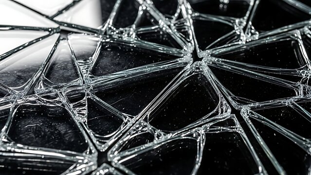 A close-up view of a shattered glass surface with sharp fragments and sharp edges on a dark background.