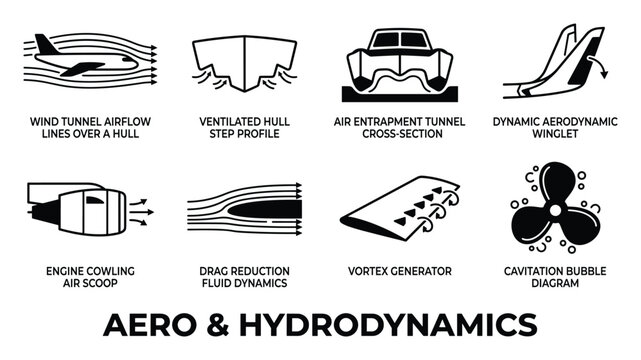 Aero and hydrodynamics engineering concepts showing airflow patterns vessel hull designs and air scoops.