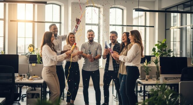 Office team celebrating with confetti poppers