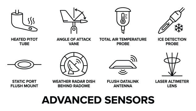 Aircraft advanced sensors and probes icons for flight data collection and weather monitoring.