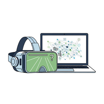 Virtual Reality Headset and Laptop with Network Connection Concept